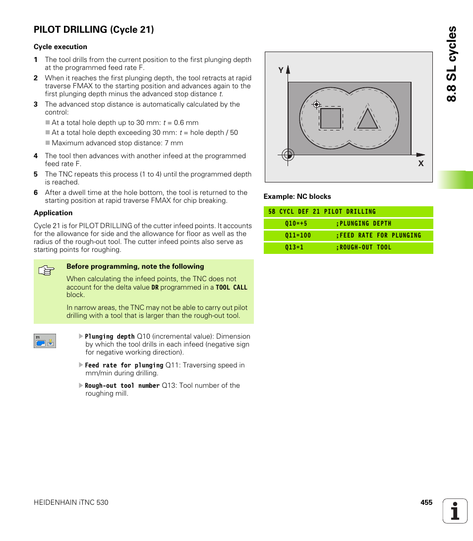 Pilot drilling (cycle 21), 8 sl c y cles | HEIDENHAIN iTNC 530 (340 49x-04) User Manual | Page 455 / 789