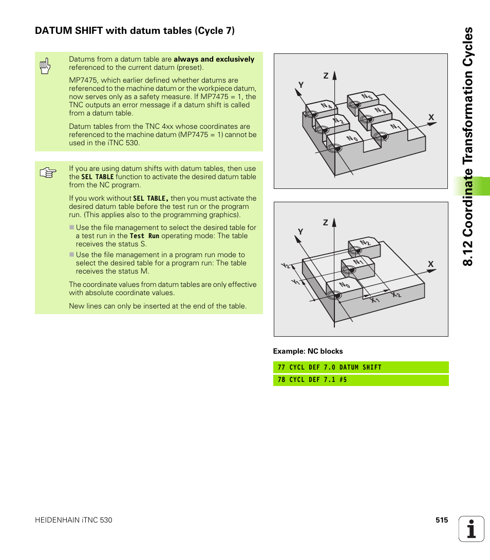 Datum shift with datum tables (cycle 7), 12 coor dinat e t ransf or mation cy cles | HEIDENHAIN iTNC 530 (340 49x-04) User Manual | Page 515 / 789