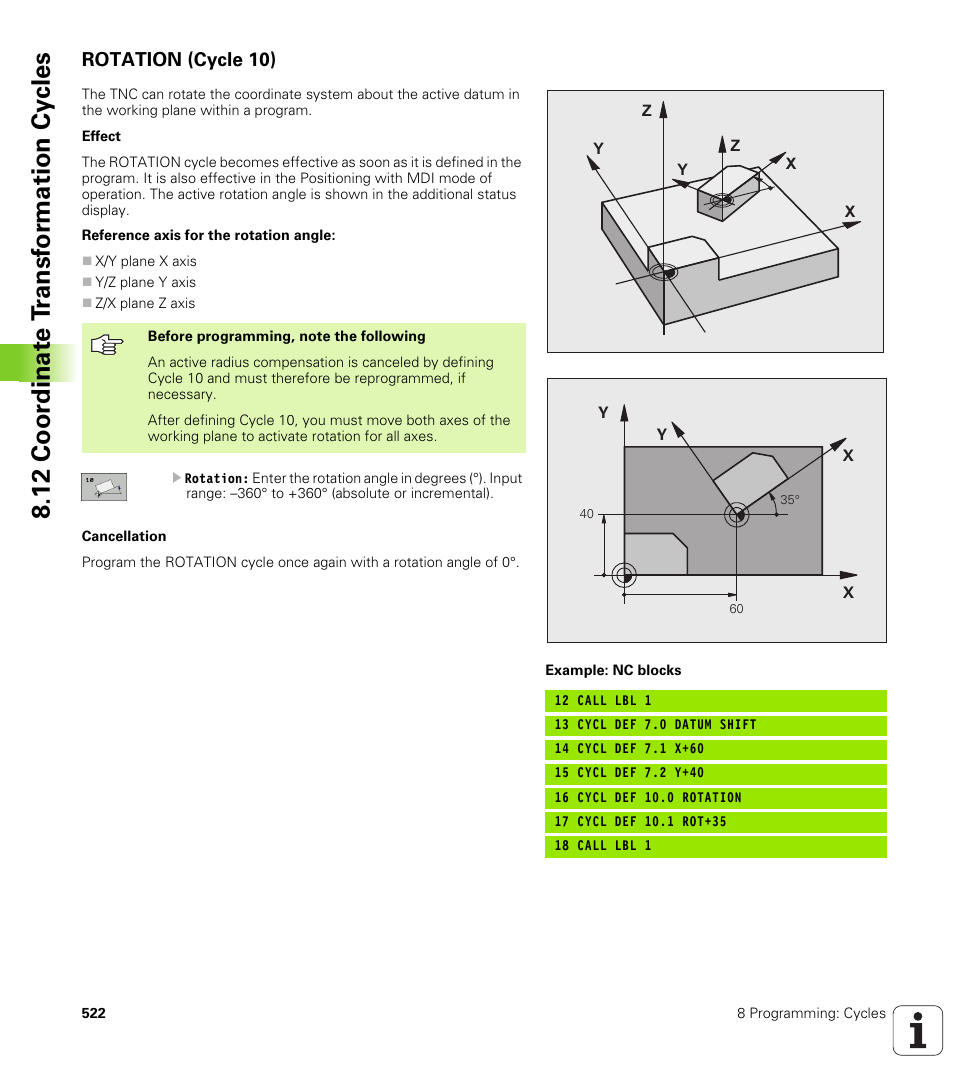 Rotation (cycle 10), 12 coor dinat e t ransf or mation cy cles | HEIDENHAIN iTNC 530 (340 49x-04) User Manual | Page 522 / 789