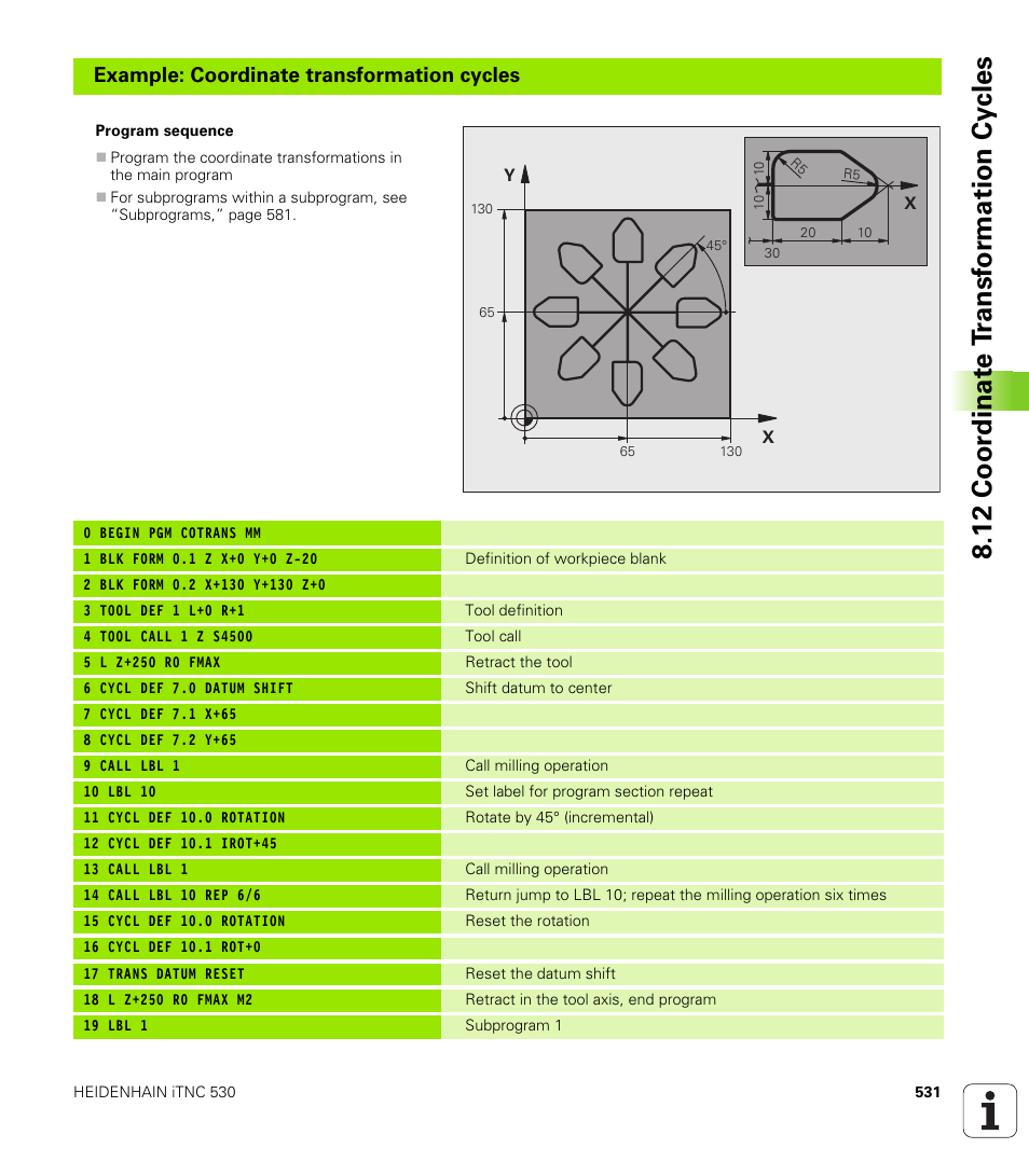 12 coor dinat e t ransf or mation cy cles, Example: coordinate transformation cycles | HEIDENHAIN iTNC 530 (340 49x-04) User Manual | Page 531 / 789