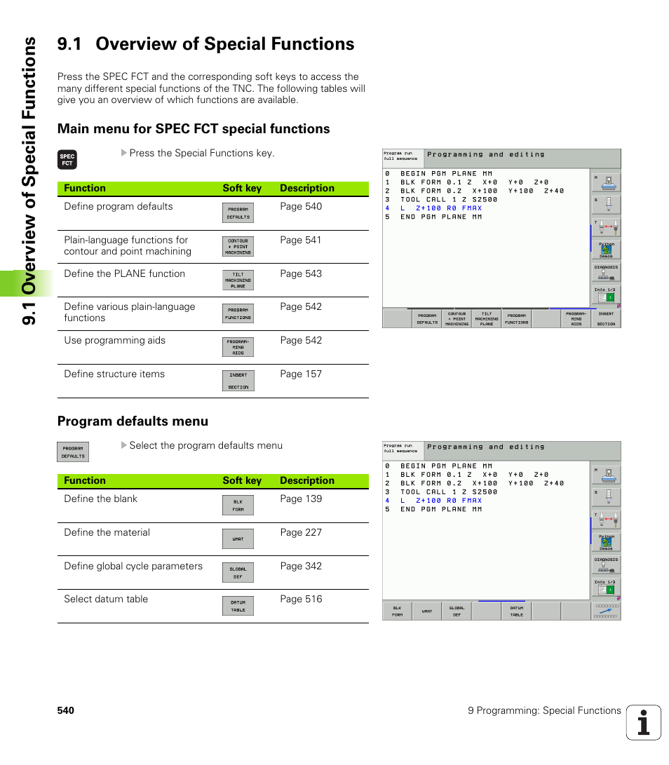 1 overview of special functions, Main menu for spec fct special functions, Program defaults menu | HEIDENHAIN iTNC 530 (340 49x-04) User Manual | Page 540 / 789