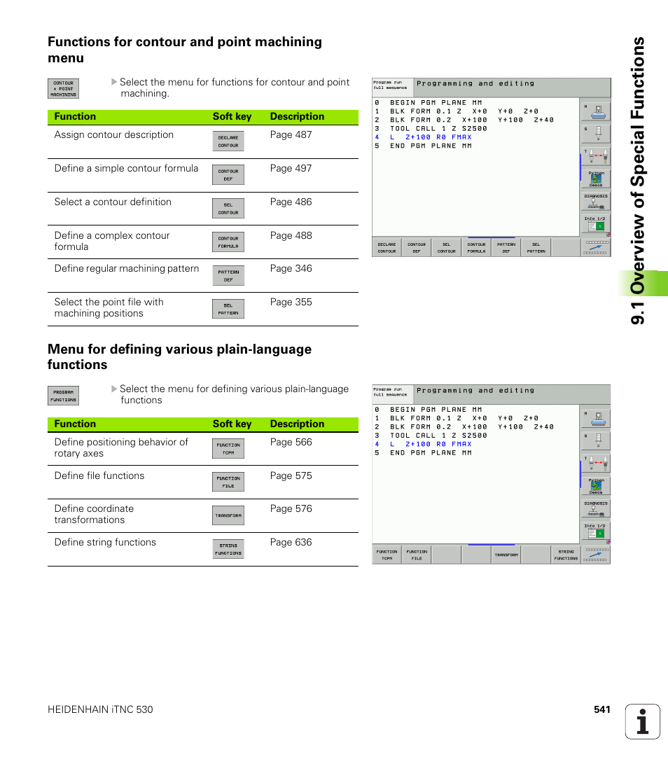 Functions for contour and point machining menu, Menu for defining various plain-language functions, 1 ov erview of special f unctions | HEIDENHAIN iTNC 530 (340 49x-04) User Manual | Page 541 / 789