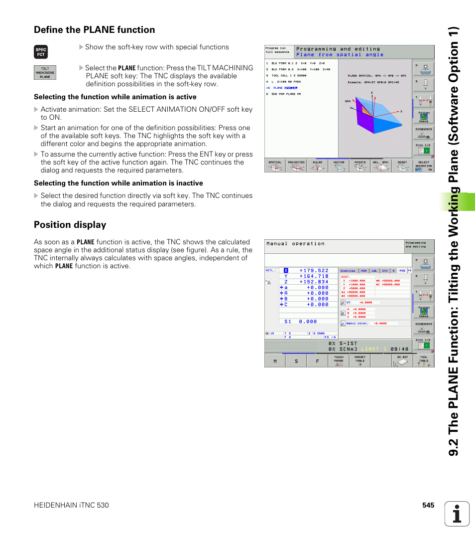 Define the plane function, Position display | HEIDENHAIN iTNC 530 (340 49x-04) User Manual | Page 545 / 789