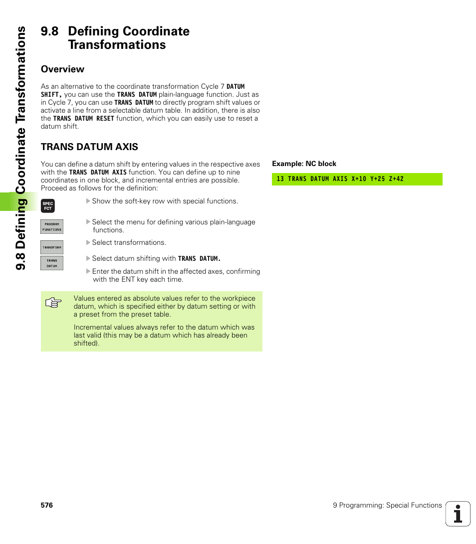 8 defining coordinate transformations, Overview, Trans datum axis | HEIDENHAIN iTNC 530 (340 49x-04) User Manual | Page 576 / 789