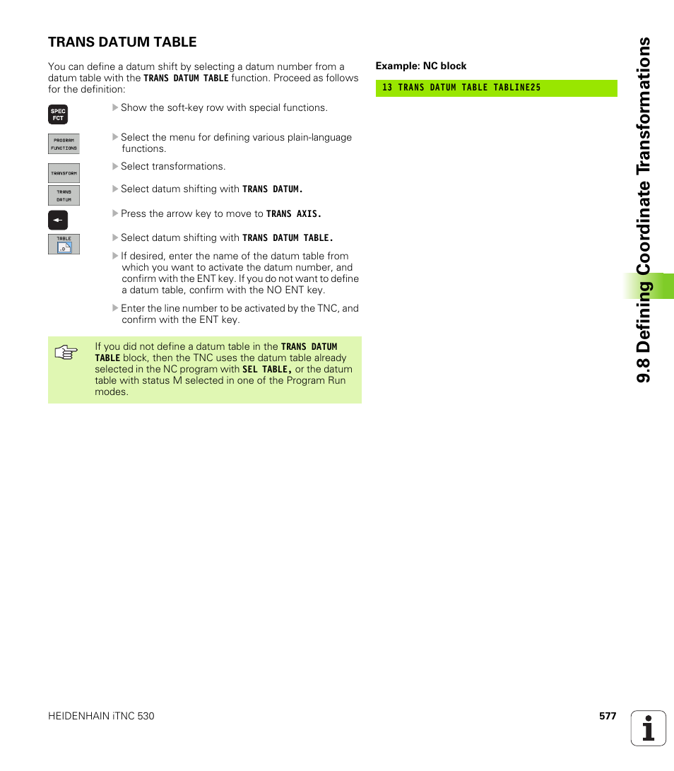 Trans datum table, 8 defining coor dinat e t ransf or mations | HEIDENHAIN iTNC 530 (340 49x-04) User Manual | Page 577 / 789