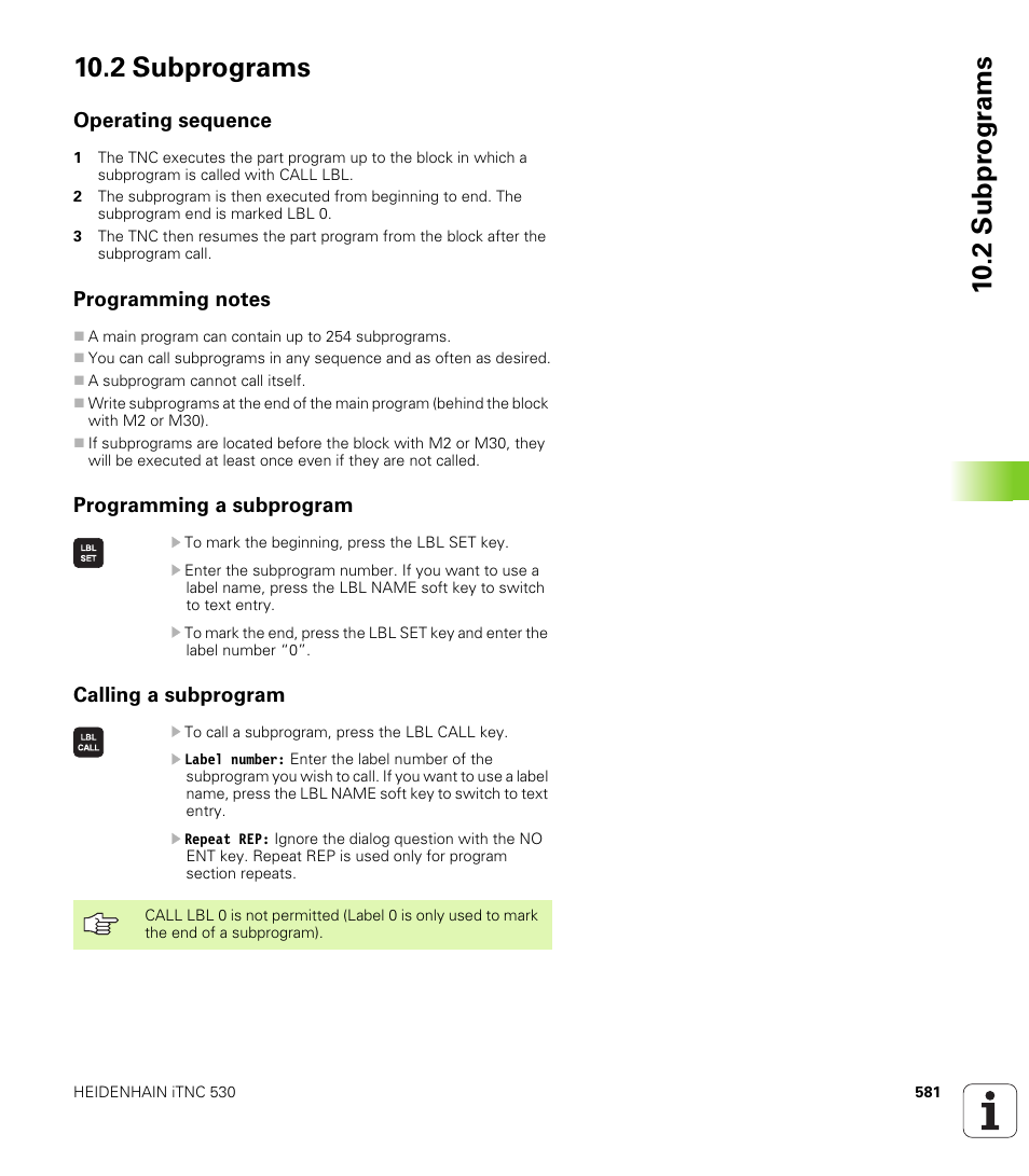 2 subprograms, Operating sequence, Programming notes | Programming a subprogram, Calling a subprogram | HEIDENHAIN iTNC 530 (340 49x-04) User Manual | Page 581 / 789