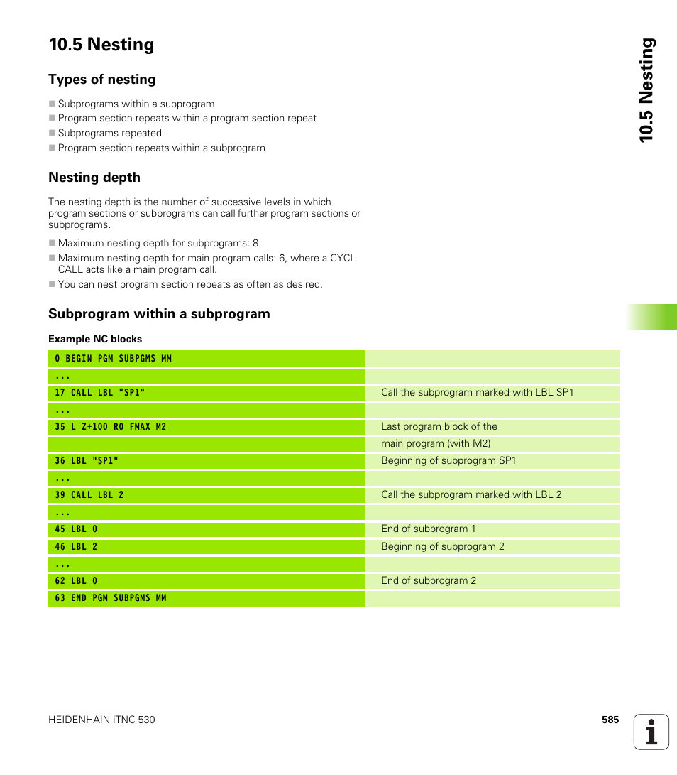 5 nesting, Types of nesting, Nesting depth | Subprogram within a subprogram | HEIDENHAIN iTNC 530 (340 49x-04) User Manual | Page 585 / 789