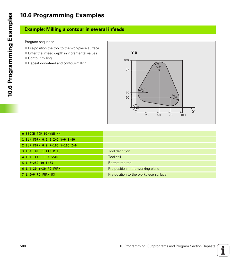 6 programming examples, Example: milling a contour in several infeeds | HEIDENHAIN iTNC 530 (340 49x-04) User Manual | Page 588 / 789