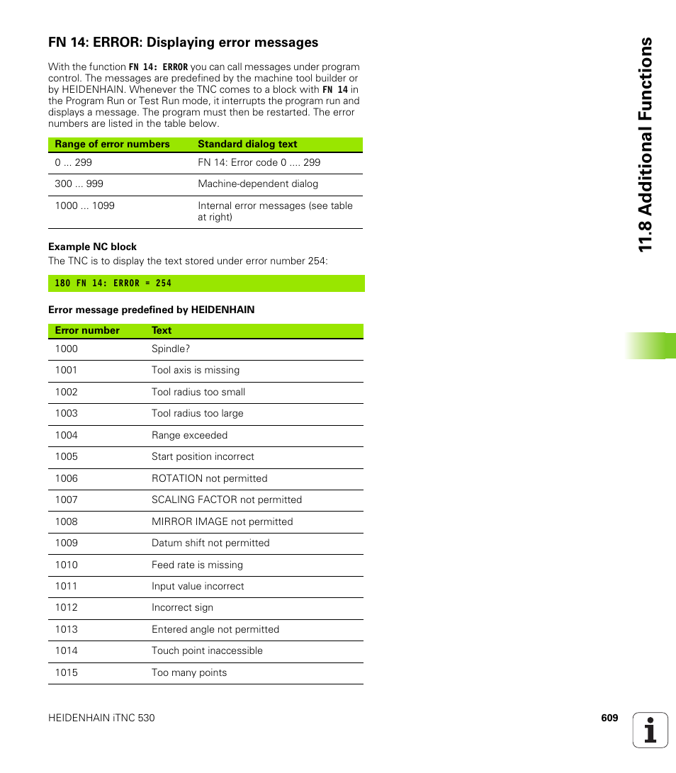 Fn 14: error: displaying error messages, 8 a d ditional f unctions | HEIDENHAIN iTNC 530 (340 49x-04) User Manual | Page 609 / 789