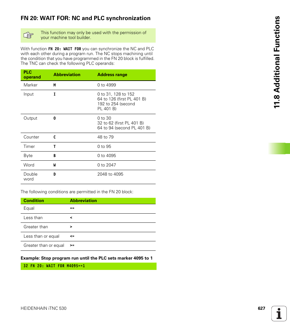 Fn 20: wait for: nc and plc synchronization, 8 a d ditional f unctions | HEIDENHAIN iTNC 530 (340 49x-04) User Manual | Page 627 / 789