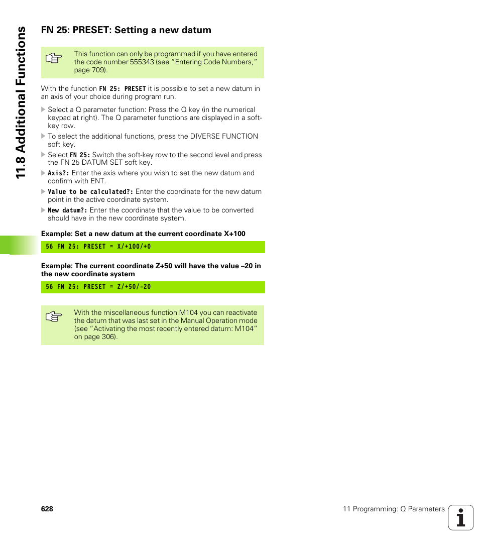 Fn 25: preset: setting a new datum, 8 a d ditional f unctions | HEIDENHAIN iTNC 530 (340 49x-04) User Manual | Page 628 / 789