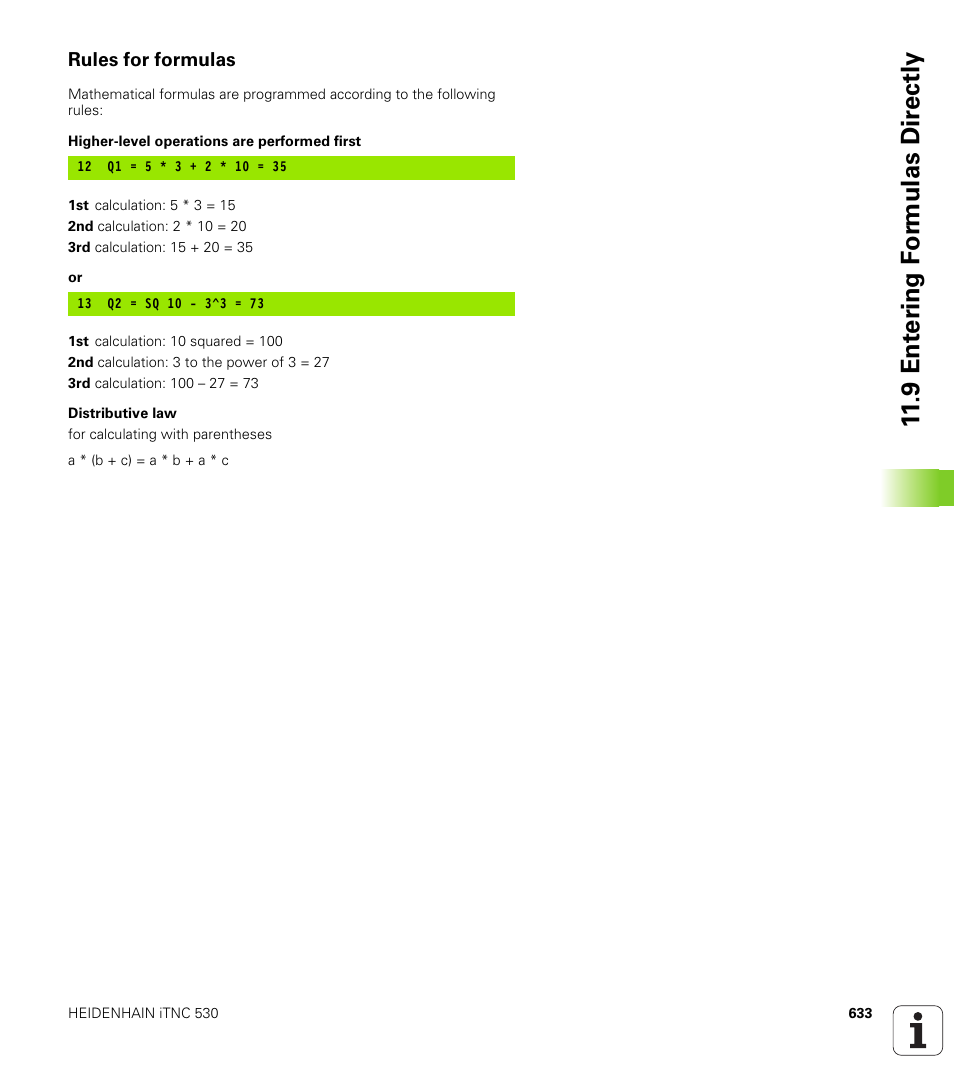 Rules for formulas, 9 ent er ing f o rm ulas dir e ctly | HEIDENHAIN iTNC 530 (340 49x-04) User Manual | Page 633 / 789