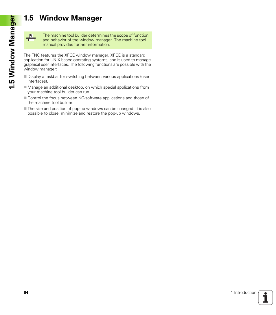 5 window manager, 5 windo w manag e r 1.5 window manager | HEIDENHAIN iTNC 530 (340 49x-04) User Manual | Page 64 / 789
