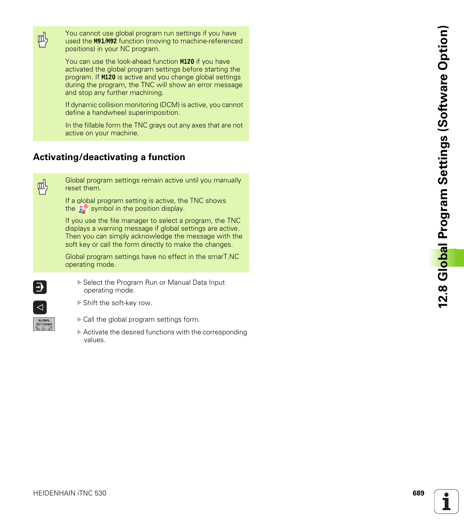 Activating/deactivating a function, 8 global pr ogr a m set tings (sof tw ar e option) | HEIDENHAIN iTNC 530 (340 49x-04) User Manual | Page 689 / 789