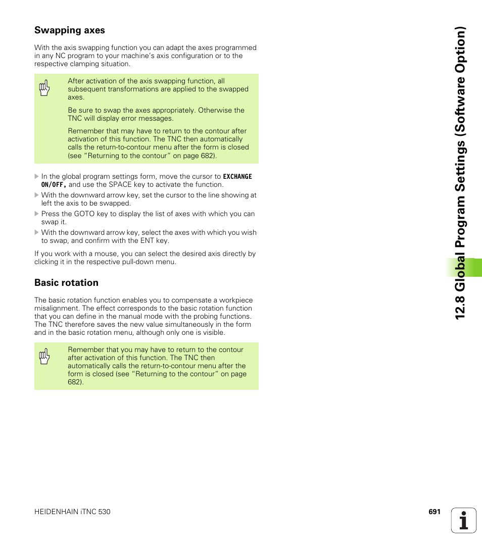 Swapping axes, Basic rotation, 8 global pr ogr a m set tings (sof tw ar e option) | HEIDENHAIN iTNC 530 (340 49x-04) User Manual | Page 691 / 789