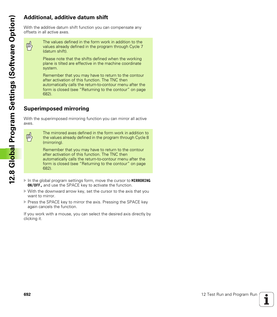 Additional, additive datum shift, Superimposed mirroring, 8 global pr ogr a m set tings (sof tw ar e option) | HEIDENHAIN iTNC 530 (340 49x-04) User Manual | Page 692 / 789