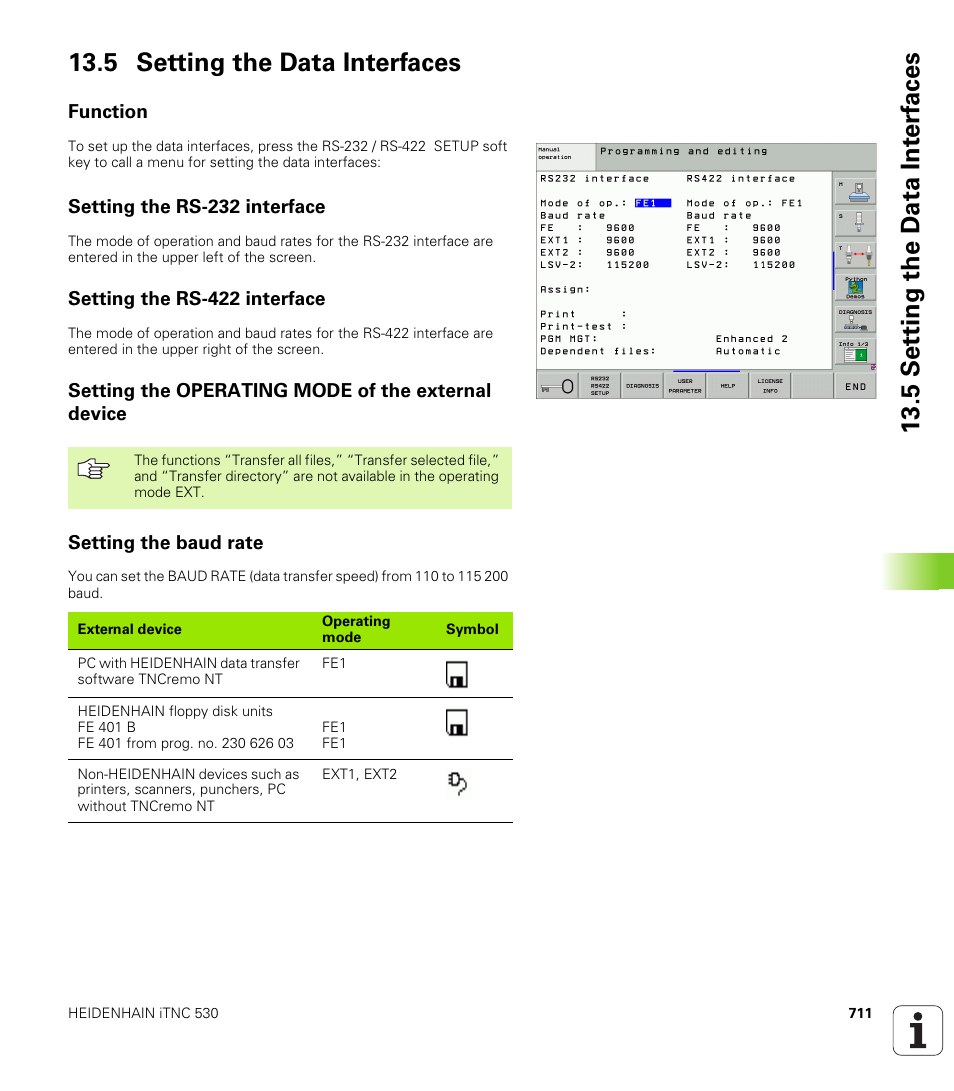 5 setting the data interfaces, Function, Setting the rs-232 interface | Setting the rs-422 interface, Setting the operating mode of the external device, Setting the baud rate | HEIDENHAIN iTNC 530 (340 49x-04) User Manual | Page 711 / 789