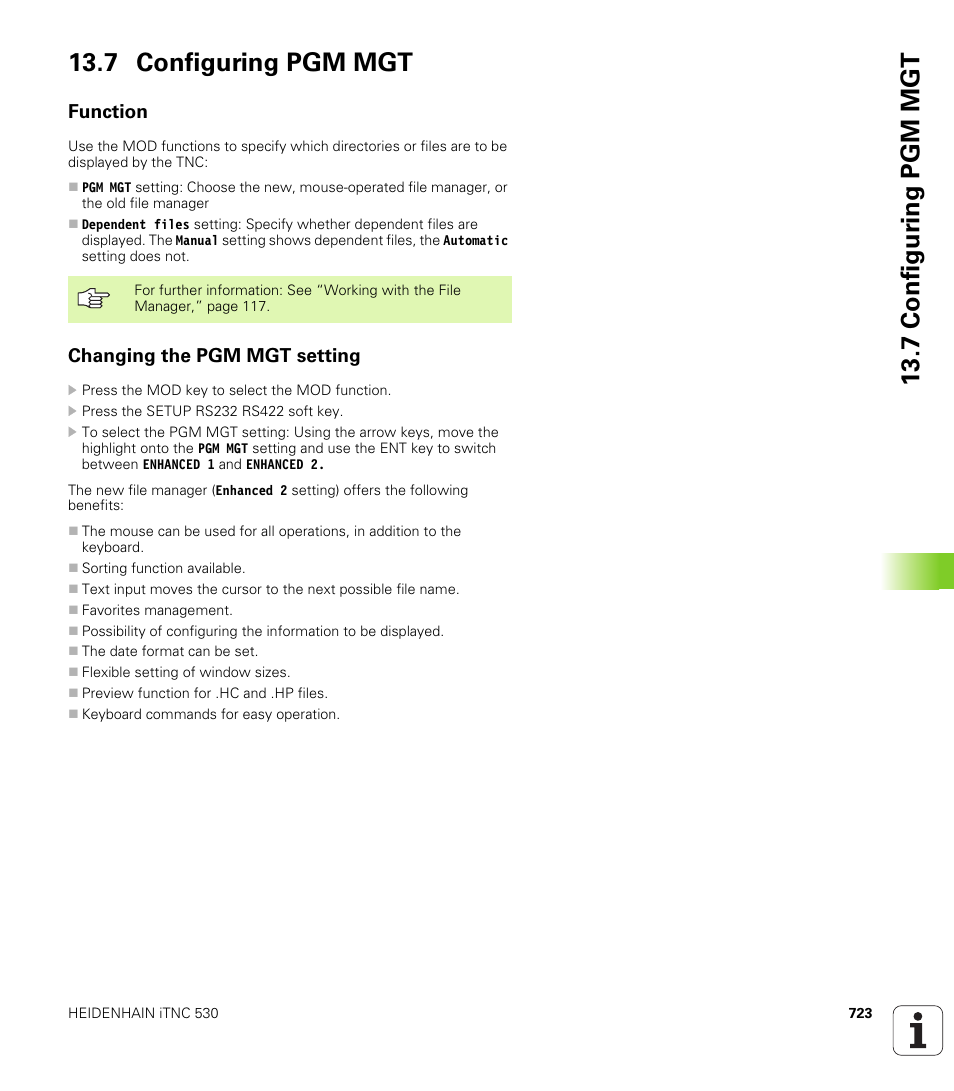 7 configuring pgm mgt, Function, Changing the pgm mgt setting | 7 configur ing pgm mgt 13.7 configuring pgm mgt | HEIDENHAIN iTNC 530 (340 49x-04) User Manual | Page 723 / 789