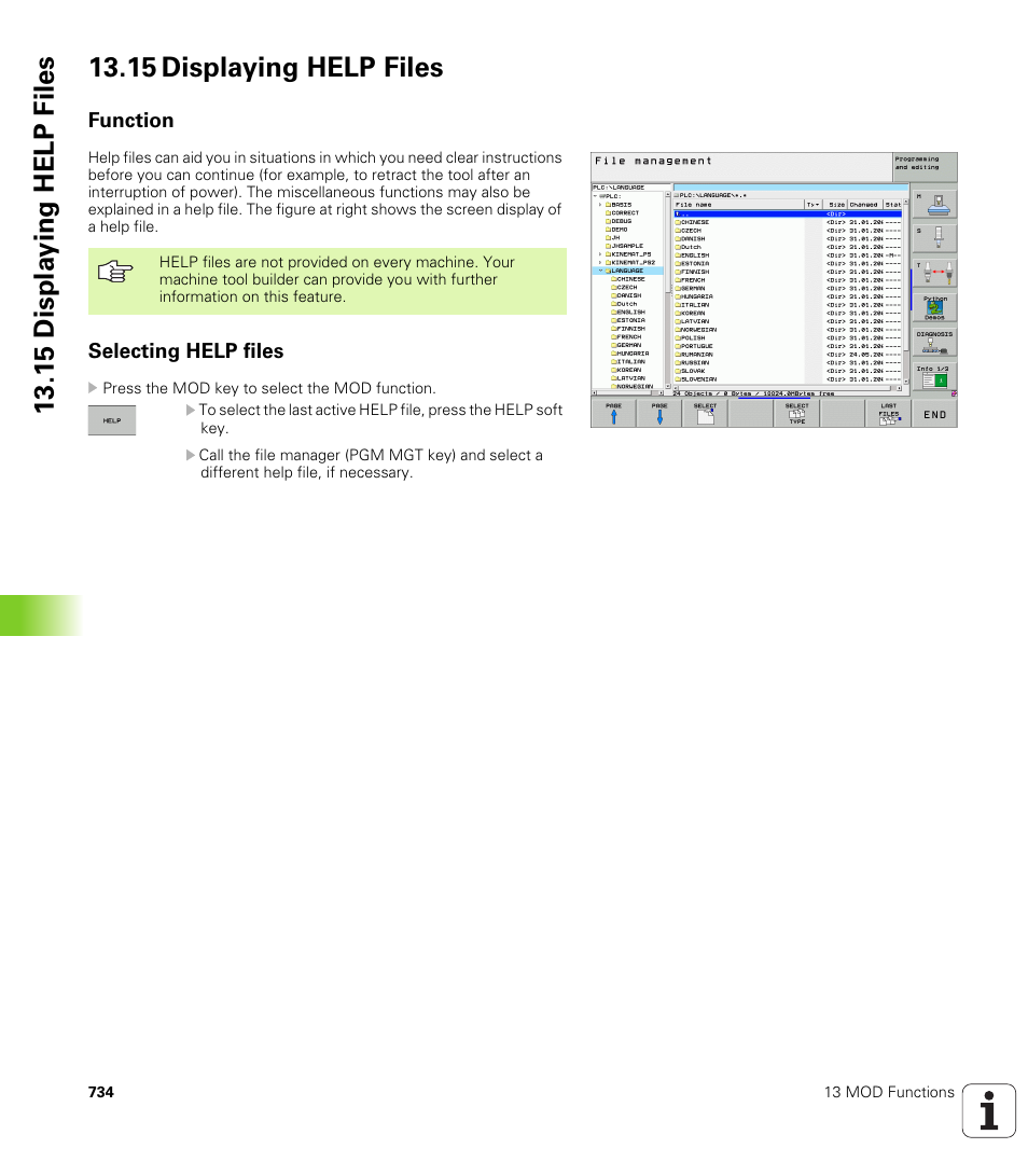 15 displaying help files, Function, Selecting help files | HEIDENHAIN iTNC 530 (340 49x-04) User Manual | Page 734 / 789