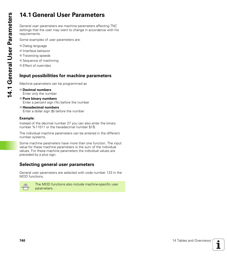 1 general user parameters, Input possibilities for machine parameters, Selecting general user parameters | HEIDENHAIN iTNC 530 (340 49x-04) User Manual | Page 740 / 789