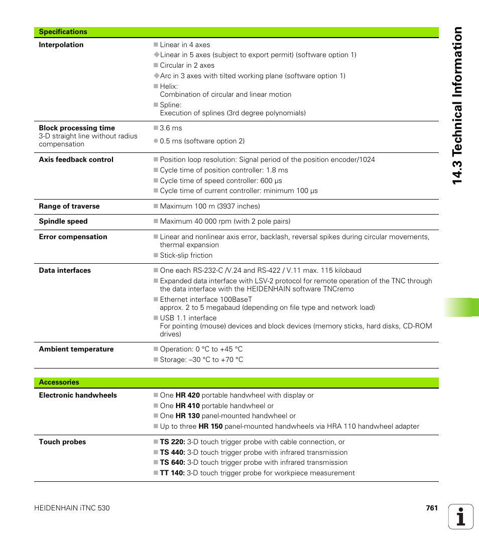 3 t e c hnical inf o rm ation | HEIDENHAIN iTNC 530 (340 49x-04) User Manual | Page 761 / 789