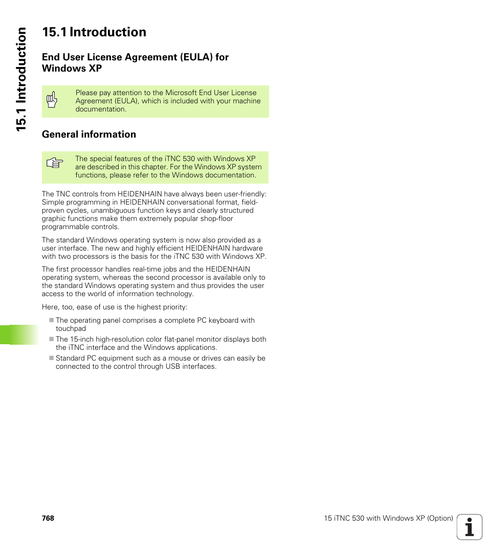 1 introduction, End user license agreement (eula) for windows xp, General information | 1 intr oduction 15.1 introduction | HEIDENHAIN iTNC 530 (340 49x-04) User Manual | Page 768 / 789