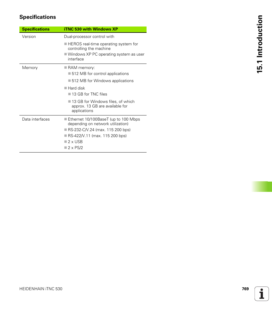 Specifications, 1 intr oduction | HEIDENHAIN iTNC 530 (340 49x-04) User Manual | Page 769 / 789