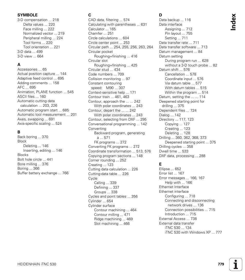 Index | HEIDENHAIN iTNC 530 (340 49x-04) User Manual | Page 779 / 789