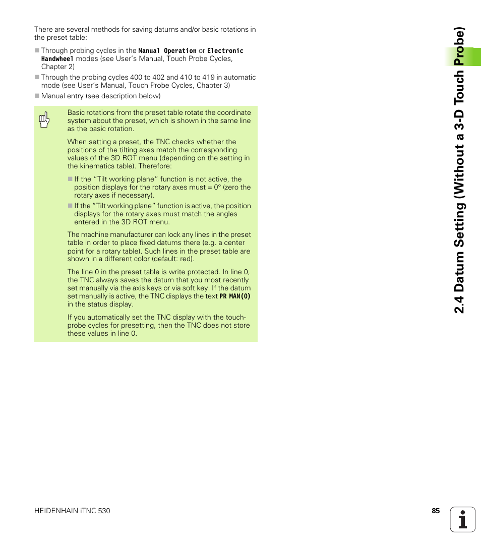 4 d a tu m set ting (without a 3-d t ouc h pr obe) | HEIDENHAIN iTNC 530 (340 49x-04) User Manual | Page 85 / 789