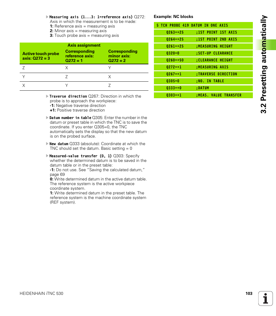 2 pr eset ting aut o matically | HEIDENHAIN iTNC 530 (340 49x-04) Touch Probe Cycles User Manual | Page 103 / 191