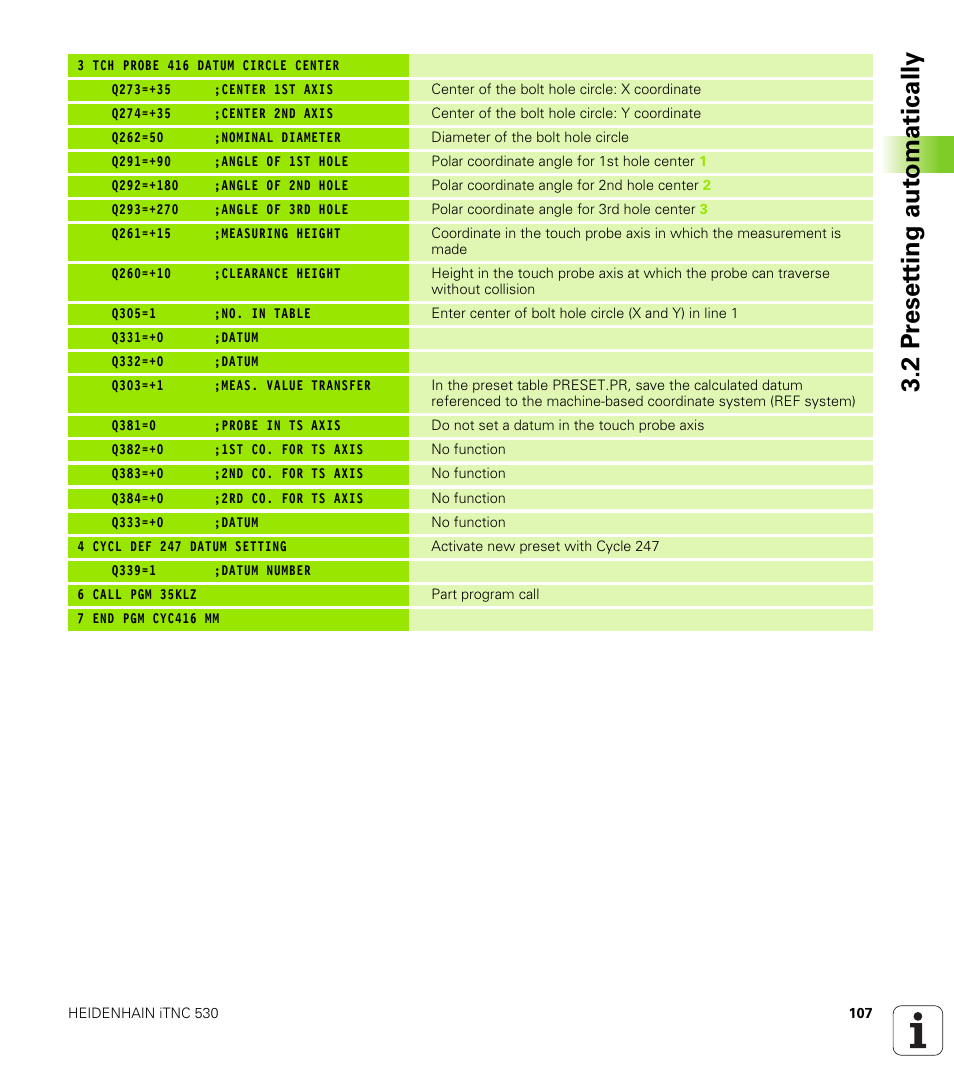 2 pr eset ting aut o matically | HEIDENHAIN iTNC 530 (340 49x-04) Touch Probe Cycles User Manual | Page 107 / 191