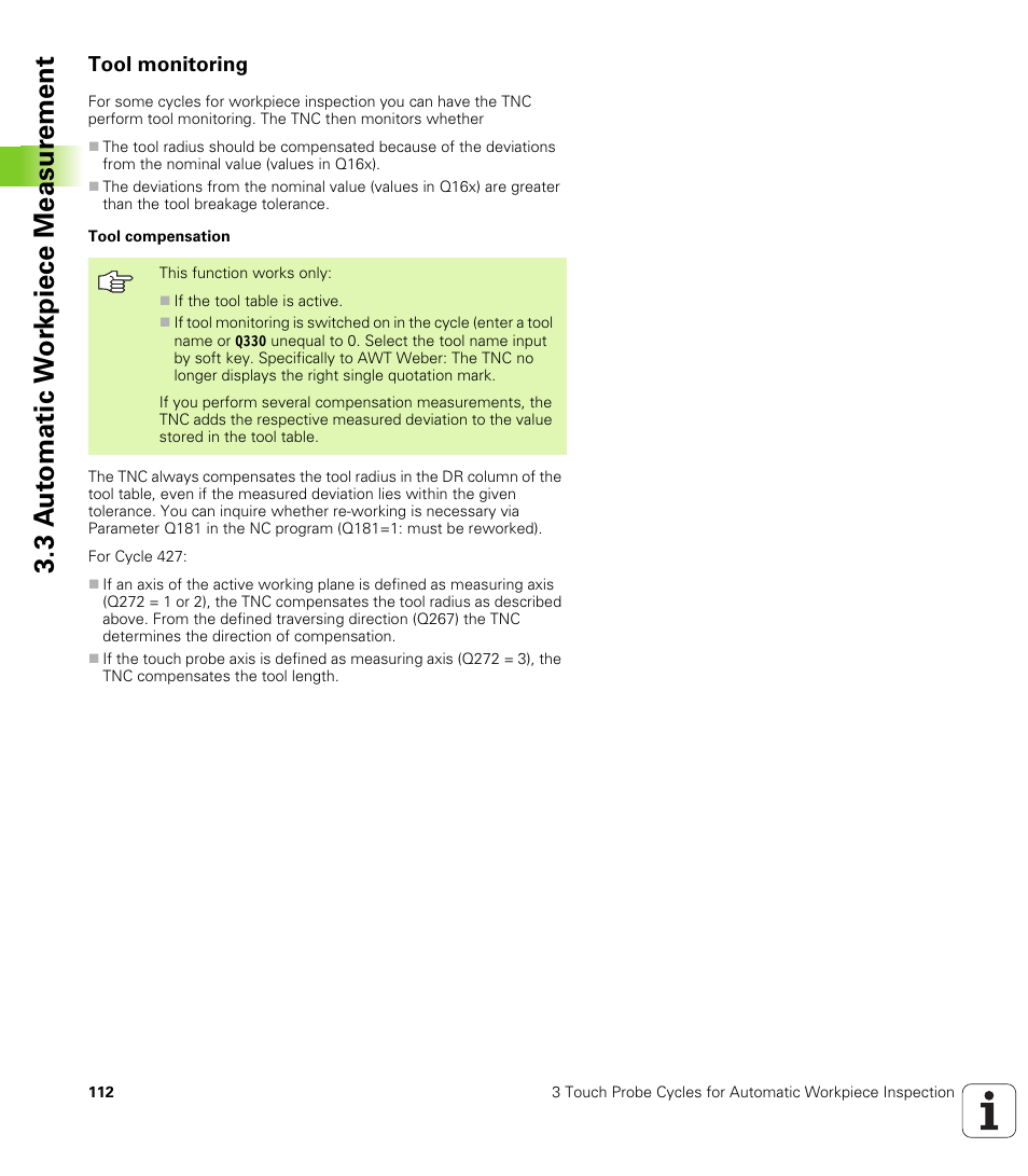 Tool monitoring, 3 a u to matic w o rk piece measur ement | HEIDENHAIN iTNC 530 (340 49x-04) Touch Probe Cycles User Manual | Page 112 / 191