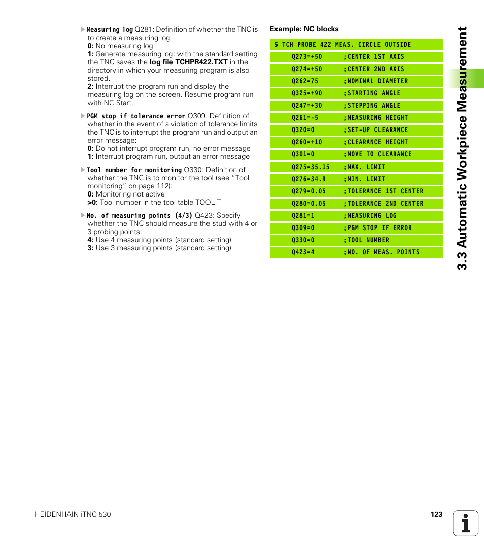 3 a u to matic w o rk piece measur ement | HEIDENHAIN iTNC 530 (340 49x-04) Touch Probe Cycles User Manual | Page 123 / 191