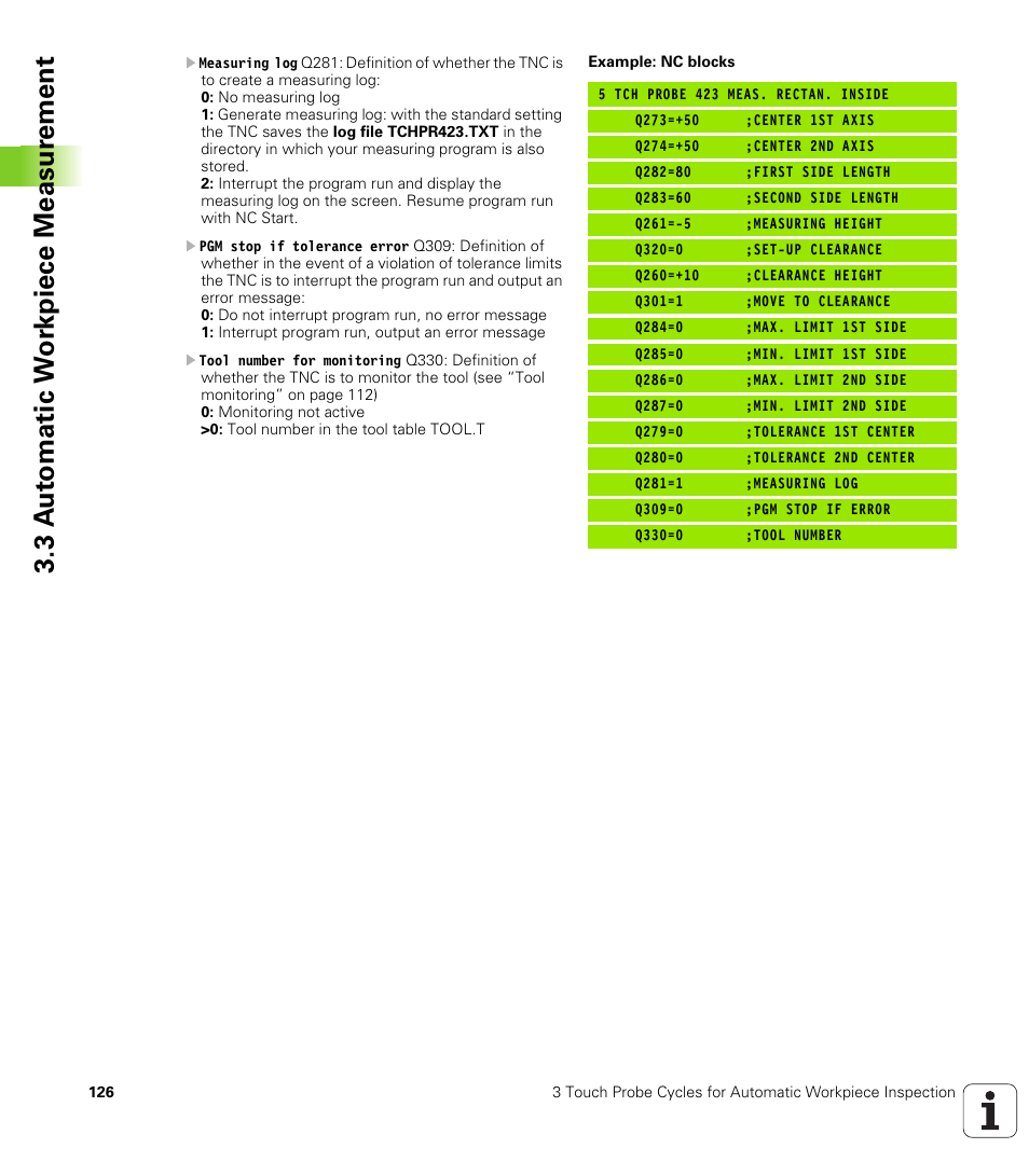 3 a u to matic w o rk piece measur ement | HEIDENHAIN iTNC 530 (340 49x-04) Touch Probe Cycles User Manual | Page 126 / 191