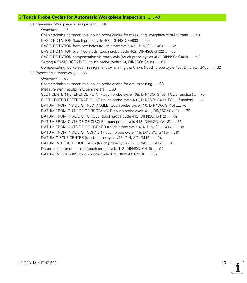 HEIDENHAIN iTNC 530 (340 49x-04) Touch Probe Cycles User Manual | Page 15 / 191