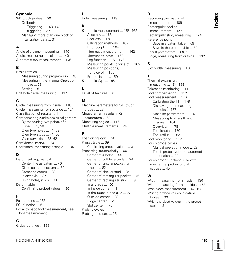 Index | HEIDENHAIN iTNC 530 (340 49x-04) Touch Probe Cycles User Manual | Page 187 / 191