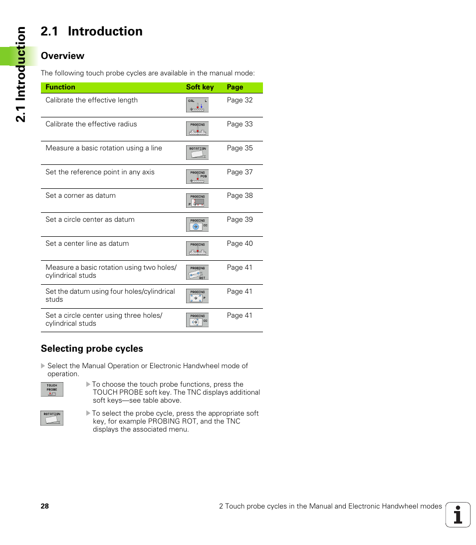 1 introduction, Overview, Selecting probe cycles | 1 intr oduction 2.1 introduction | HEIDENHAIN iTNC 530 (340 49x-04) Touch Probe Cycles User Manual | Page 28 / 191