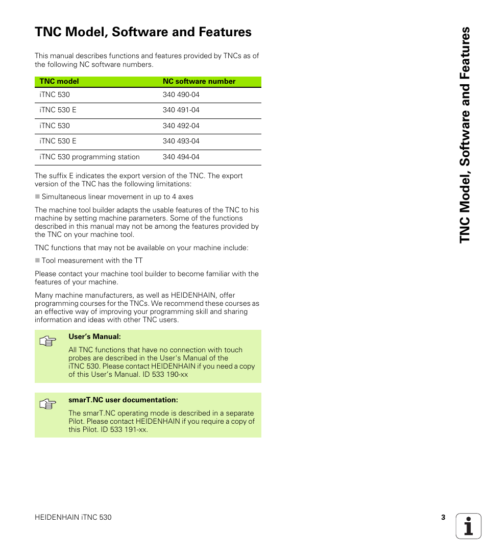 Tnc model, software and features | HEIDENHAIN iTNC 530 (340 49x-04) Touch Probe Cycles User Manual | Page 3 / 191