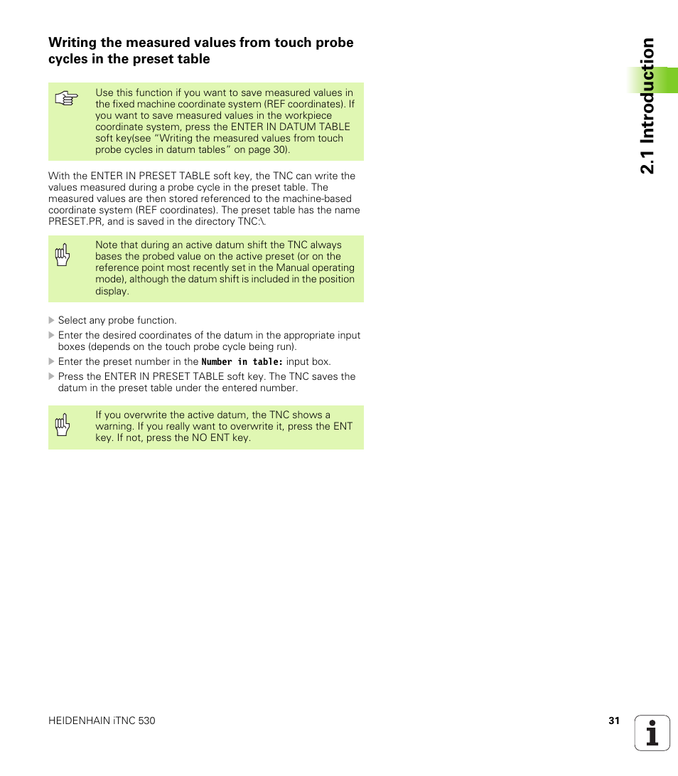 1 intr oduction | HEIDENHAIN iTNC 530 (340 49x-04) Touch Probe Cycles User Manual | Page 31 / 191