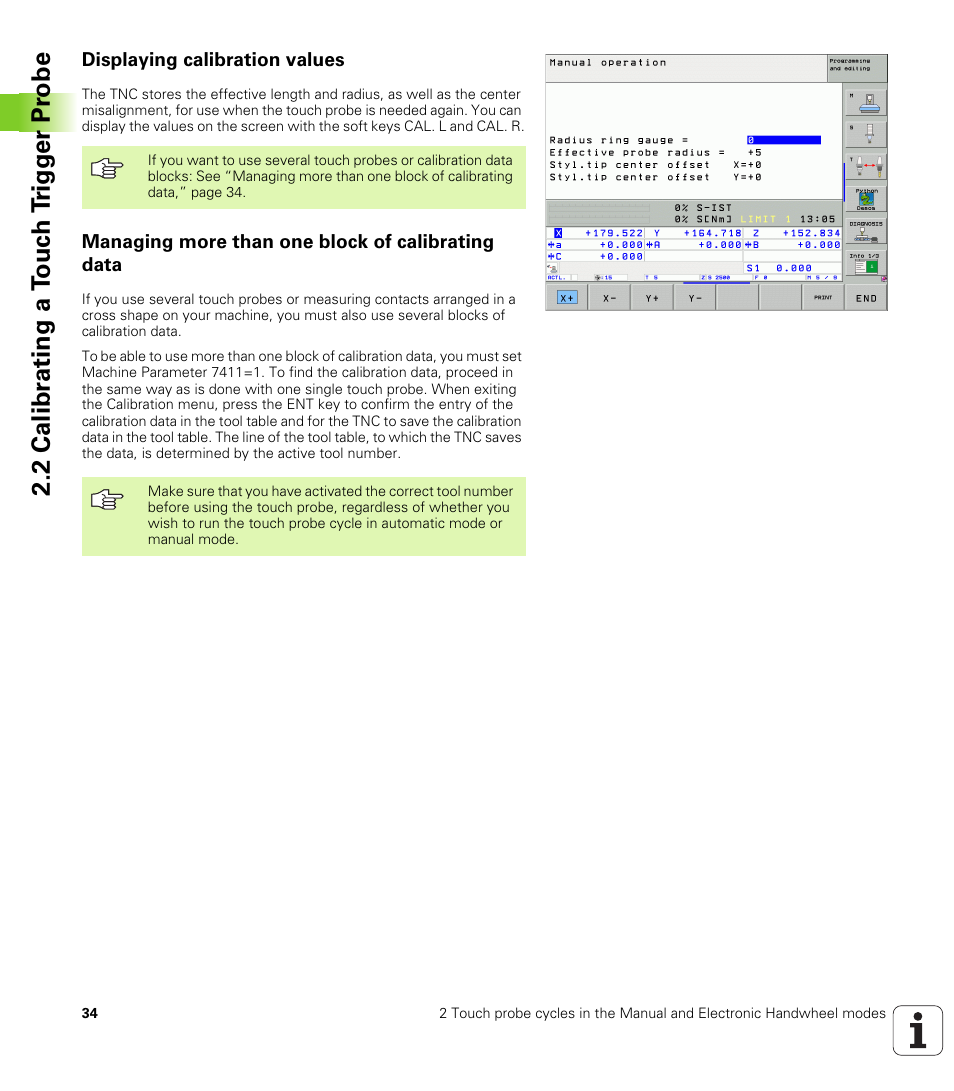Displaying calibration values, Managing more than one block of calibrating data, 2 calibr a ting a t ouc h t rigg e r pr obe | HEIDENHAIN iTNC 530 (340 49x-04) Touch Probe Cycles User Manual | Page 34 / 191
