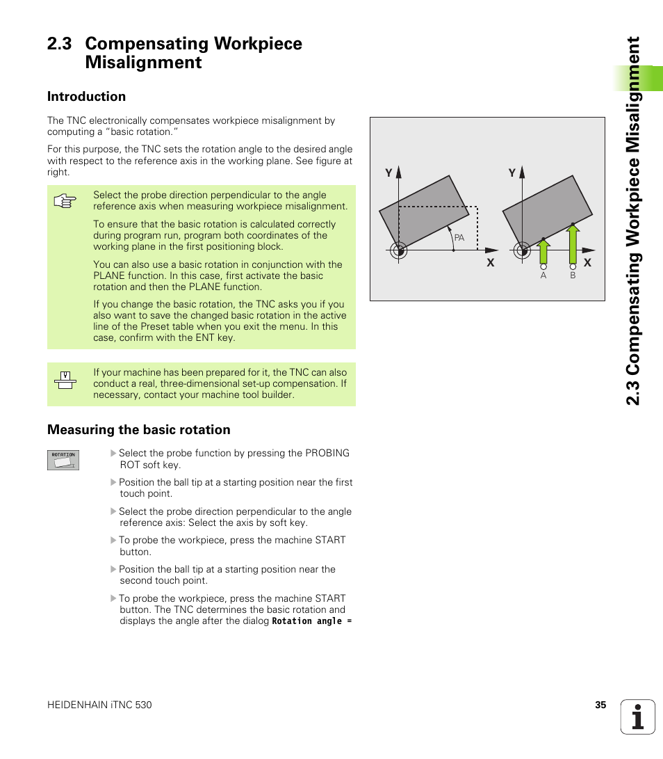 3 compensating workpiece misalignment, Introduction, Measuring the basic rotation | HEIDENHAIN iTNC 530 (340 49x-04) Touch Probe Cycles User Manual | Page 35 / 191