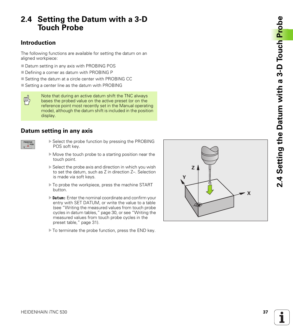 4 setting the datum with a 3-d touch probe, Introduction, Datum setting in any axis | HEIDENHAIN iTNC 530 (340 49x-04) Touch Probe Cycles User Manual | Page 37 / 191