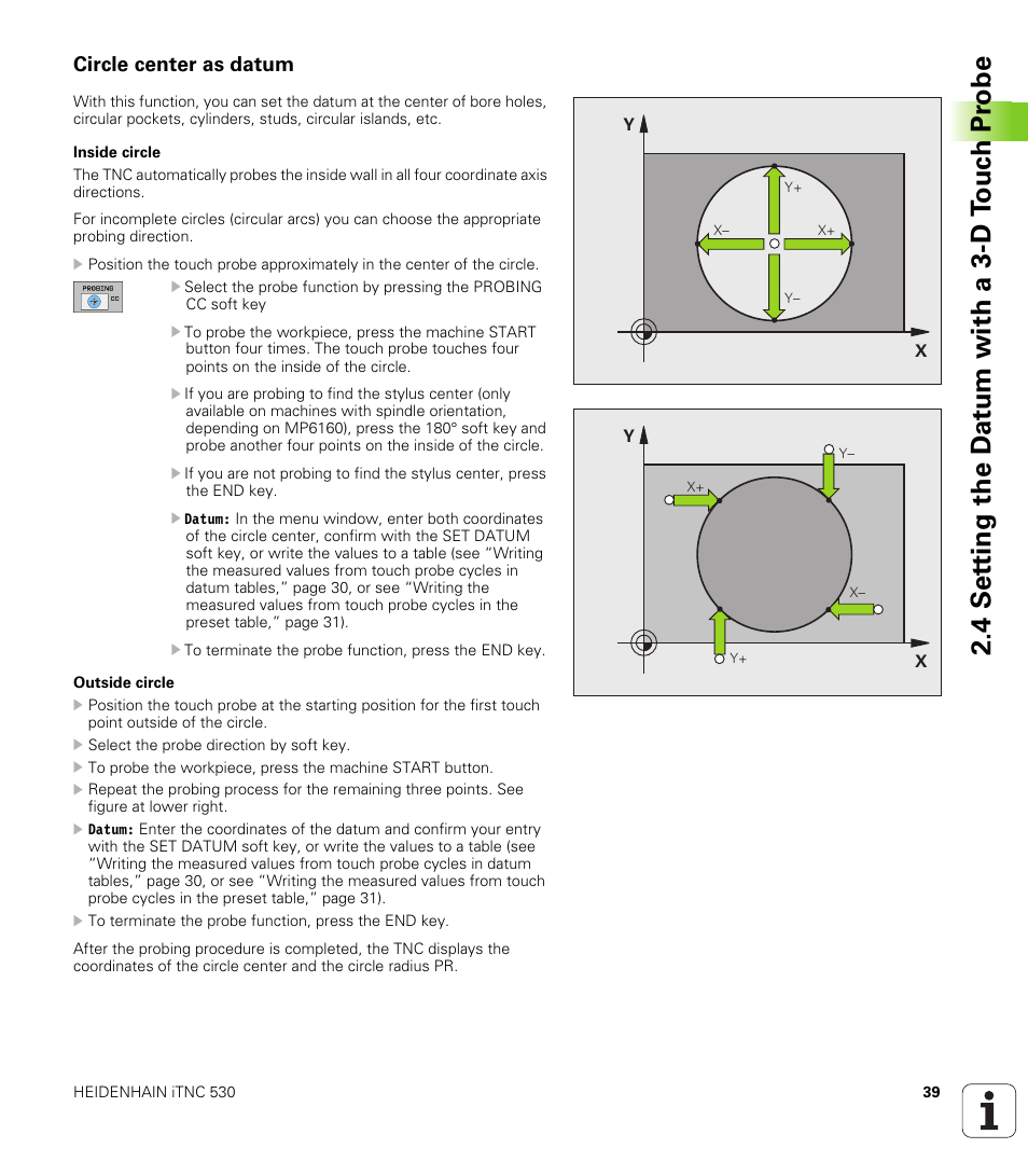 Circle center as datum, 4 set ting the d a tu m with a 3-d t o uc h pr obe | HEIDENHAIN iTNC 530 (340 49x-04) Touch Probe Cycles User Manual | Page 39 / 191
