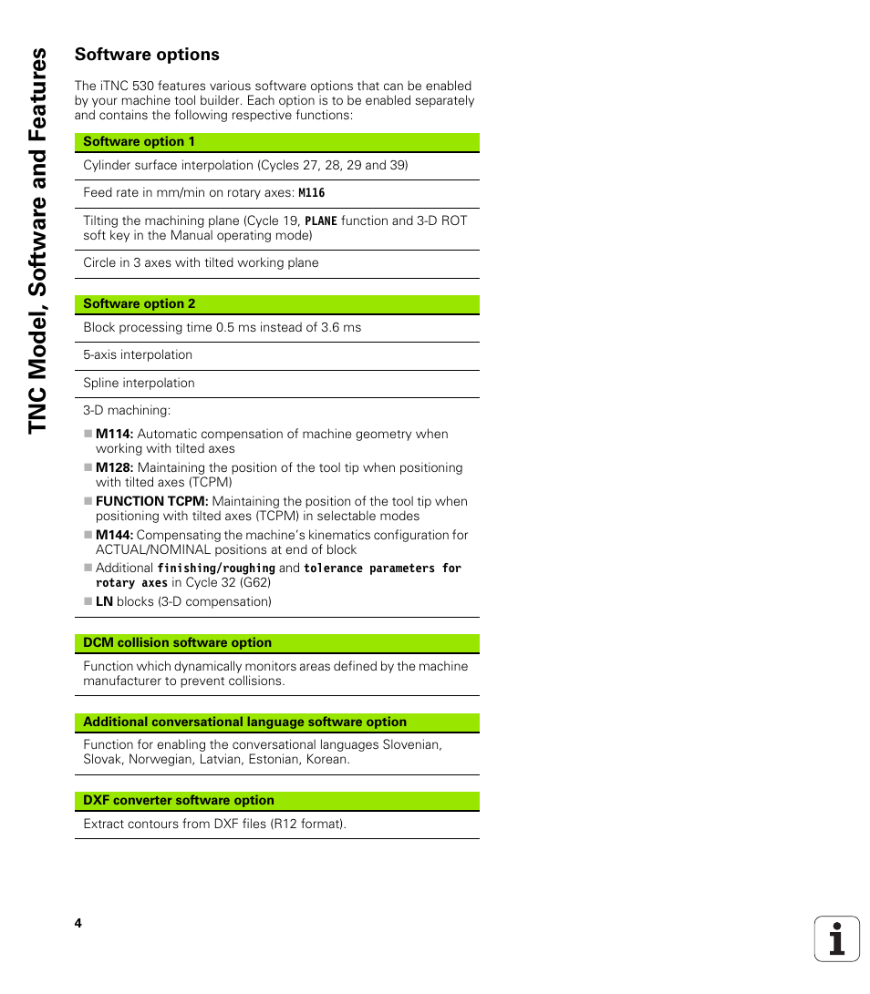 Software options, Tnc model, sof tw a re and f eat ur es | HEIDENHAIN iTNC 530 (340 49x-04) Touch Probe Cycles User Manual | Page 4 / 191