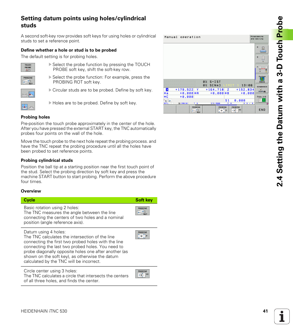 Setting datum points using holes/cylindrical studs, 4 set ting the d a tu m with a 3-d t o uc h pr obe | HEIDENHAIN iTNC 530 (340 49x-04) Touch Probe Cycles User Manual | Page 41 / 191