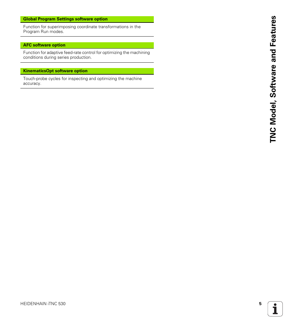 Tnc model, sof tw a re and f eat ur es | HEIDENHAIN iTNC 530 (340 49x-04) Touch Probe Cycles User Manual | Page 5 / 191