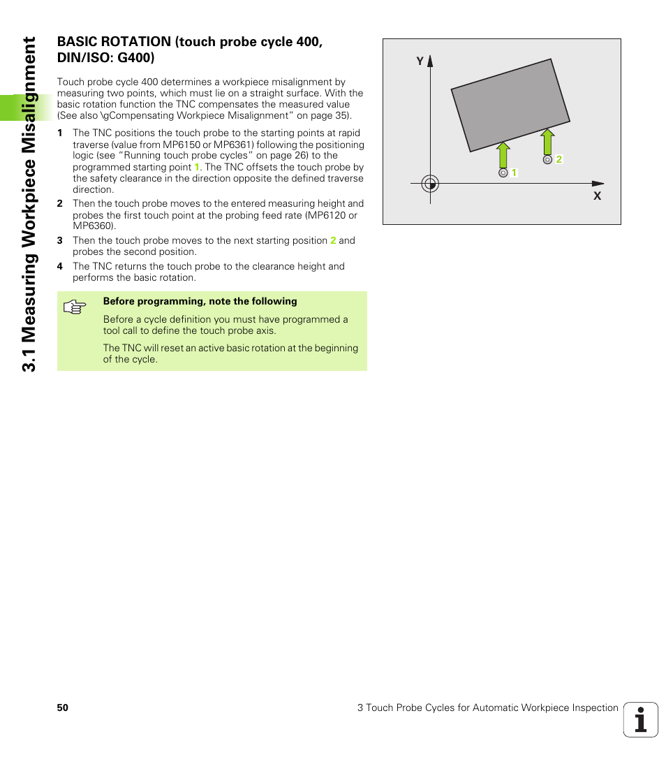1 measur ing w o rk piece misalignment | HEIDENHAIN iTNC 530 (340 49x-04) Touch Probe Cycles User Manual | Page 50 / 191
