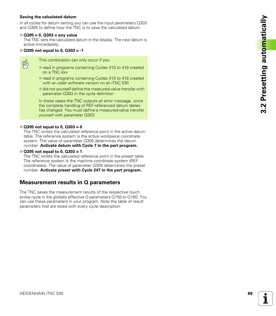 Measurement results in q parameters, 2 pr eset ting aut o matically | HEIDENHAIN iTNC 530 (340 49x-04) Touch Probe Cycles User Manual | Page 69 / 191