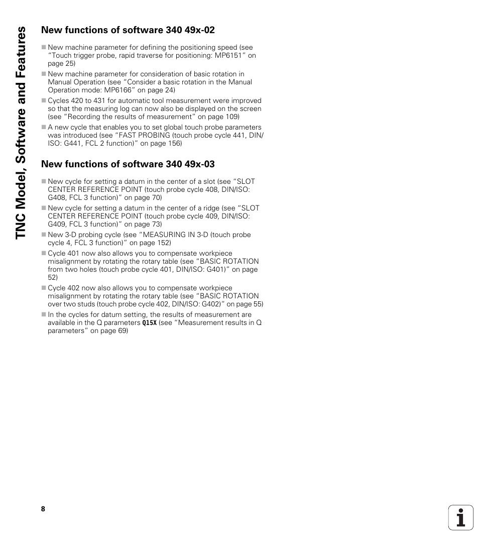 New functions of software 340 49x-02, New functions of software 340 49x-03, Tnc model, sof tw a re and f eat ur es | HEIDENHAIN iTNC 530 (340 49x-04) Touch Probe Cycles User Manual | Page 8 / 191