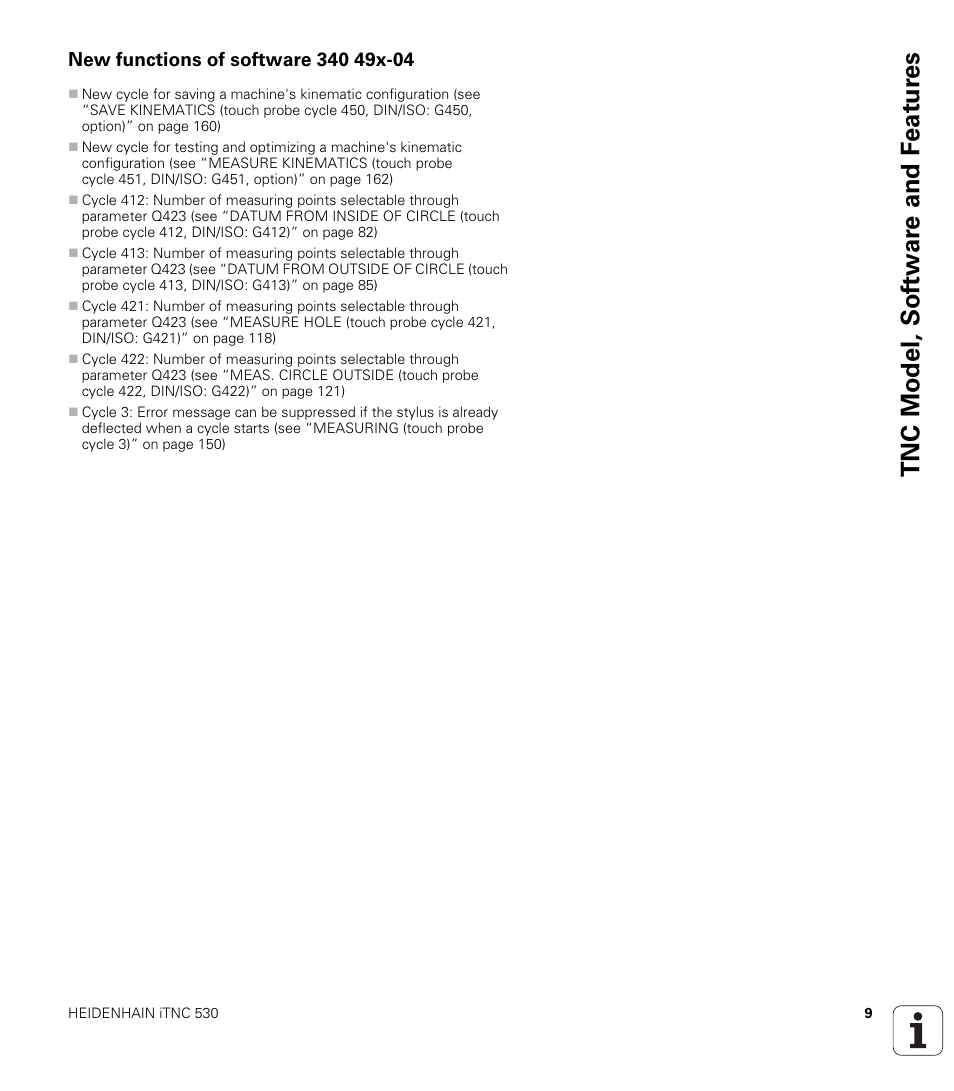 New functions of software 340 49x-04, Tnc model, sof tw a re and f eat ur es | HEIDENHAIN iTNC 530 (340 49x-04) Touch Probe Cycles User Manual | Page 9 / 191